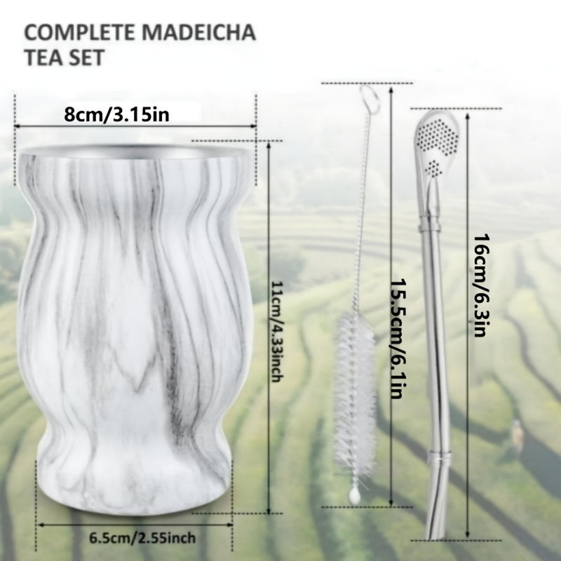 Set of 3 Stainless Steel Double-Walled Yerba Mate Cups with Straws 8oz Pink Marble