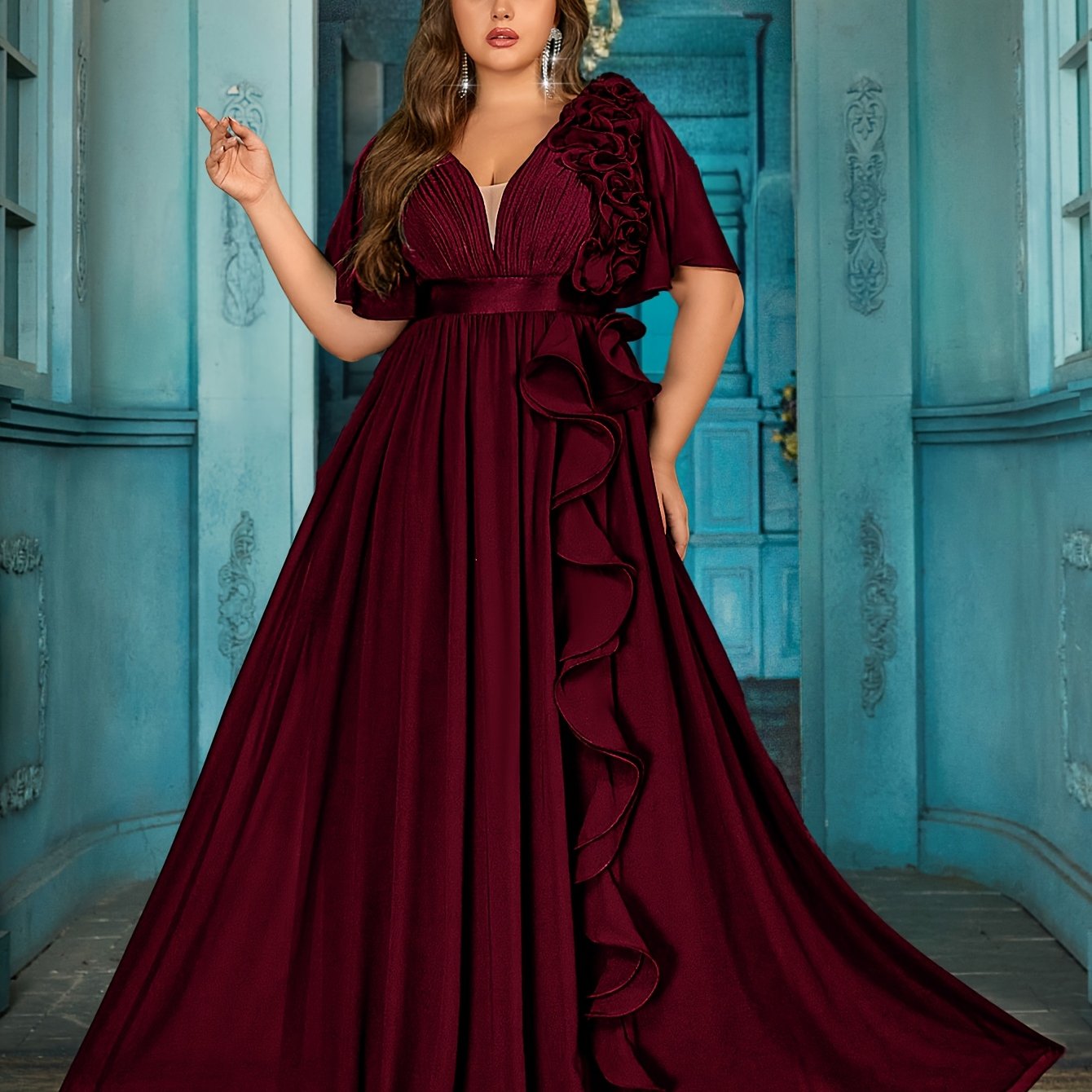 Plus Size Black Maxi Dress with V-Neck Ruffle Sleeves and Lace Details for Evening Events