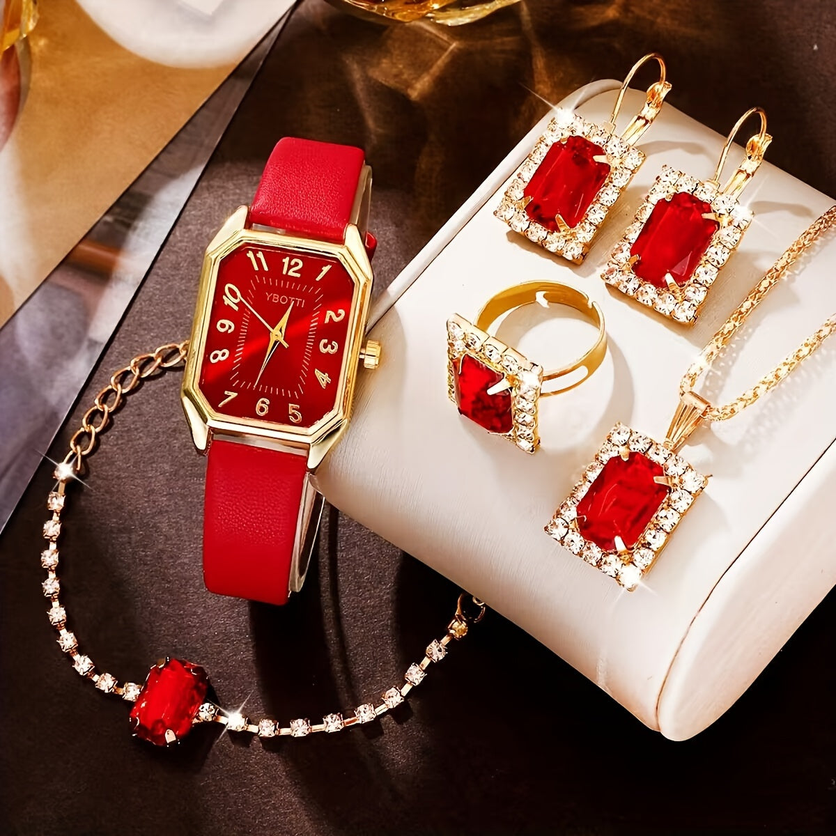 Set of 5 Women's Retro Rectangle Quartz Watches with Leather Bands and Jewelry Gift