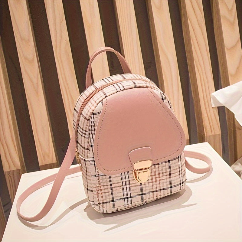 Small Women’s Plaid PVC Backpack with Adjustable Straps and Multiple Compartments