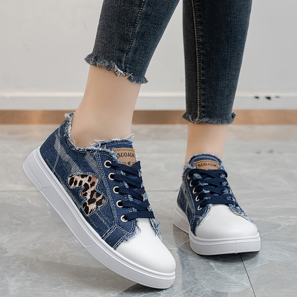 Women's Faux Denim Sneakers with Leopard Print, Breathable Fabric, All-Season Comfort