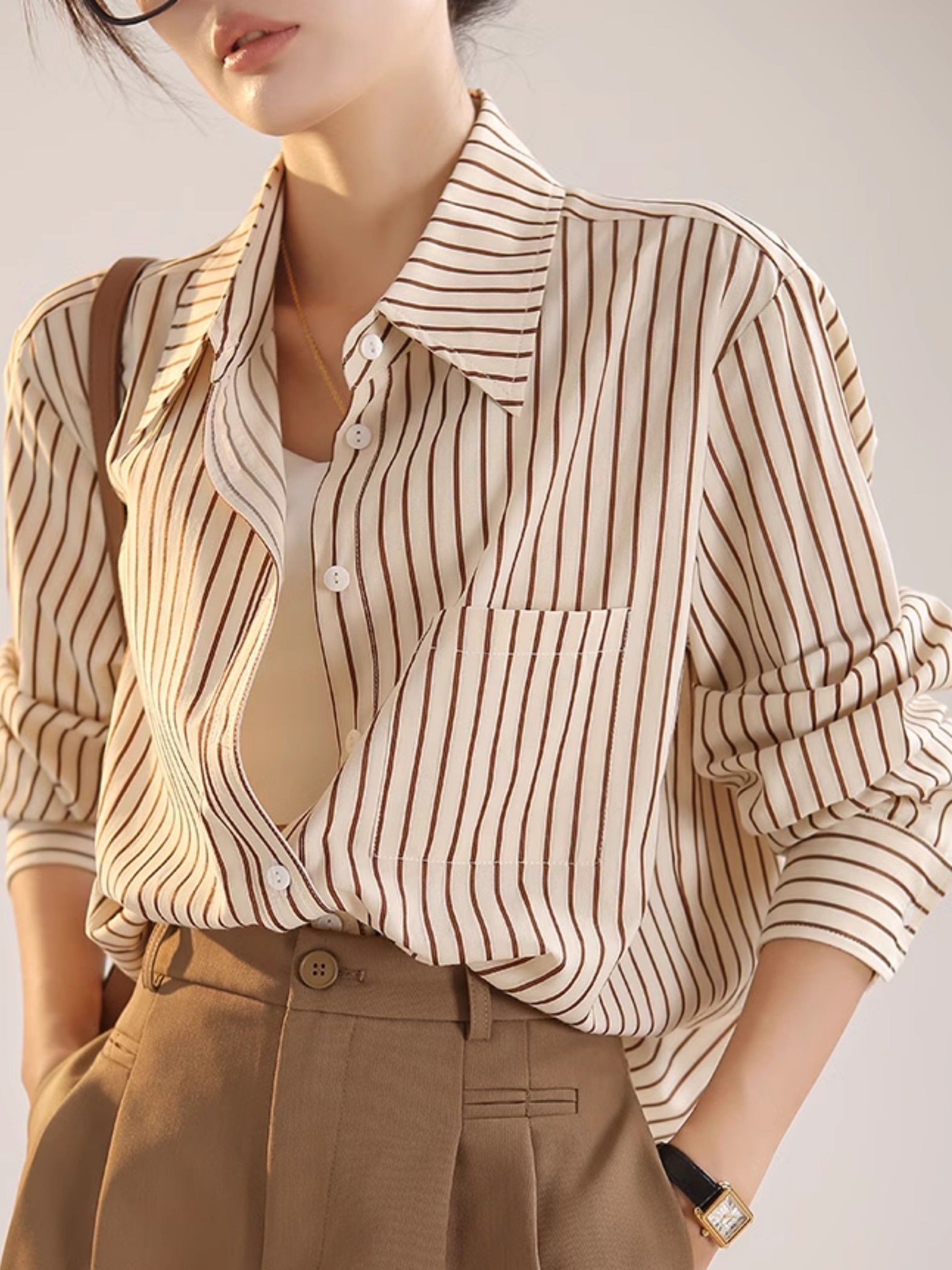 Women's Long Sleeve Striped Button-Up Shirt with Polo Collar for Spring Summer