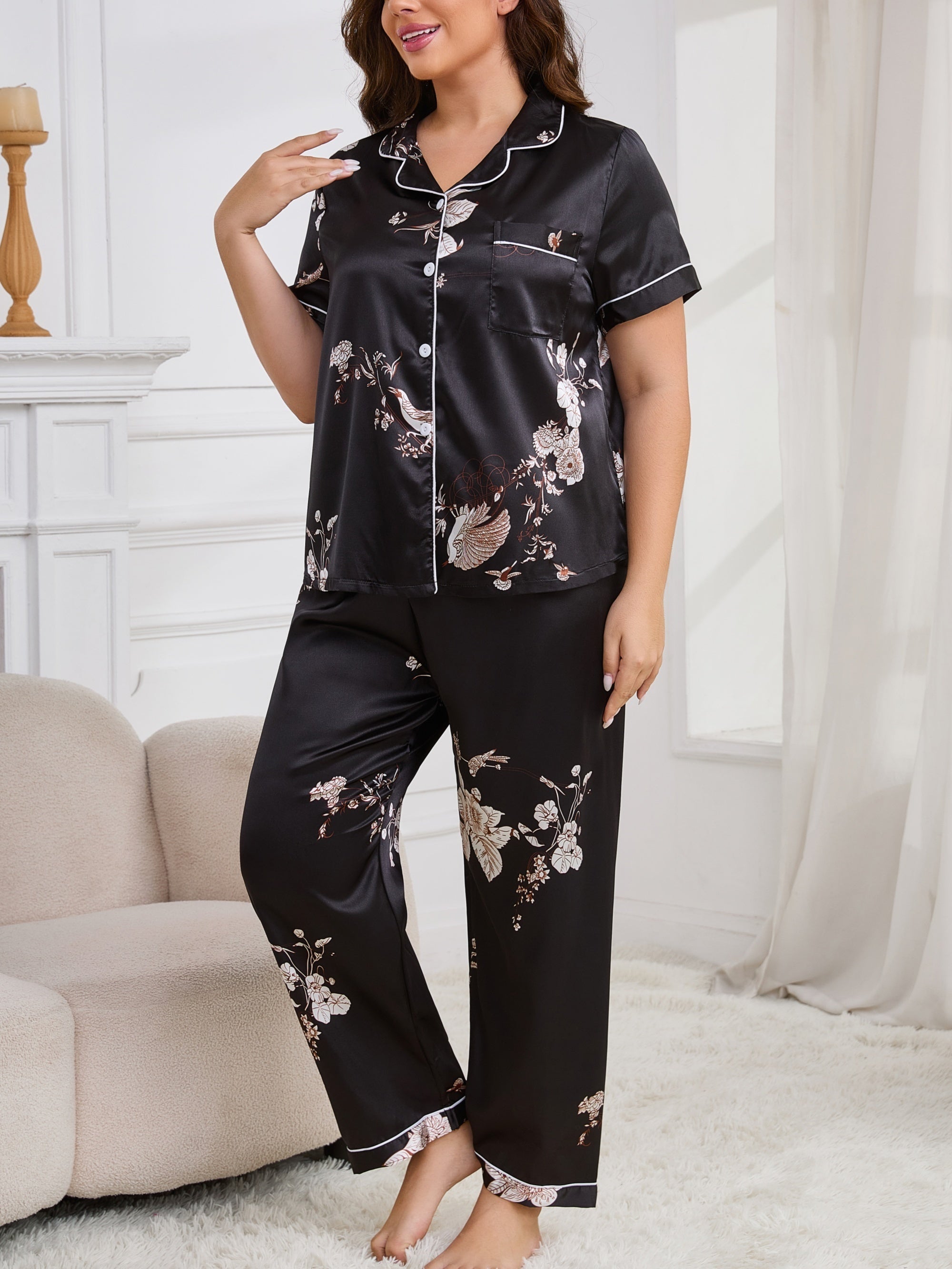 Women's Plus Size Satin Floral Print Pajama Set Short Sleeve Long Pants