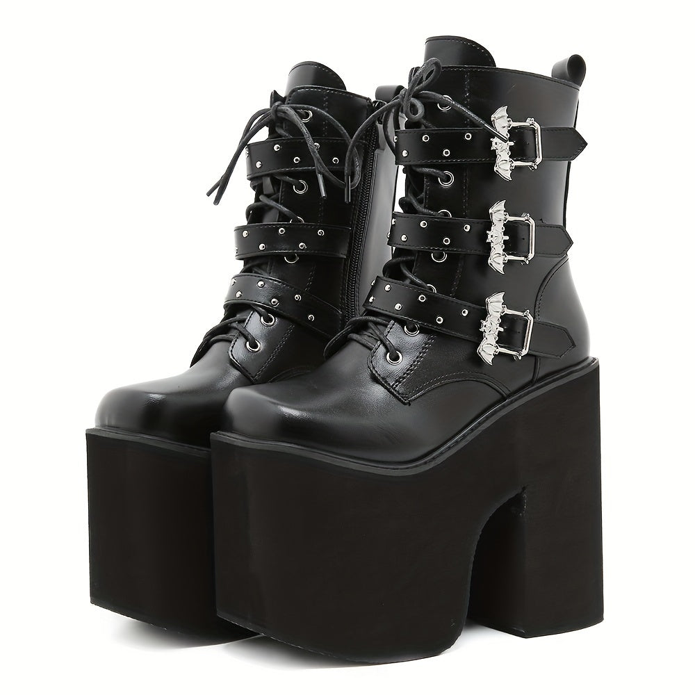 Women's Mid-Calf Platform Boots Punk Style Solid Color Buckle Zipper Lace-Up