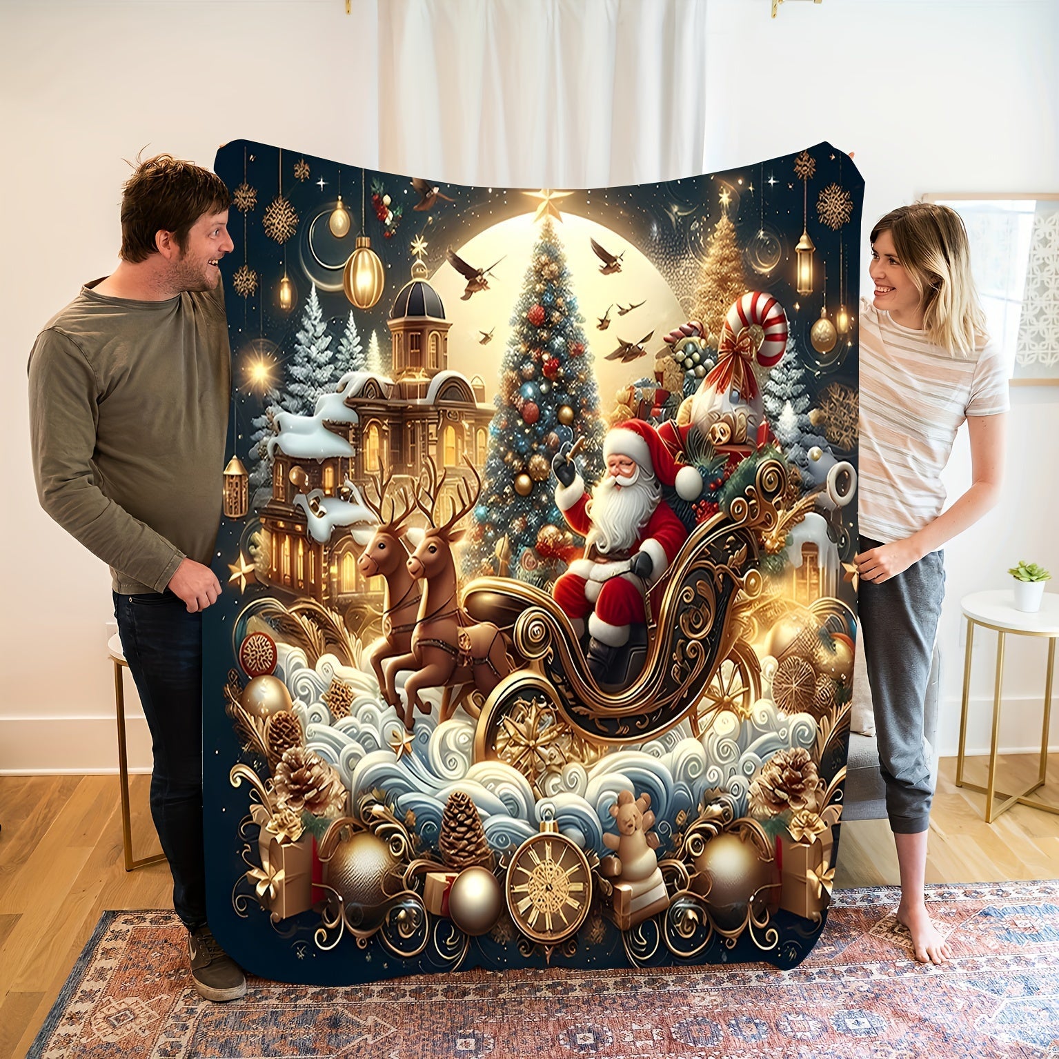 Vintage Christmas Santa Sleigh and Tree Flannel Fleece Throw Blanket Soft Cozy All-Season Gift