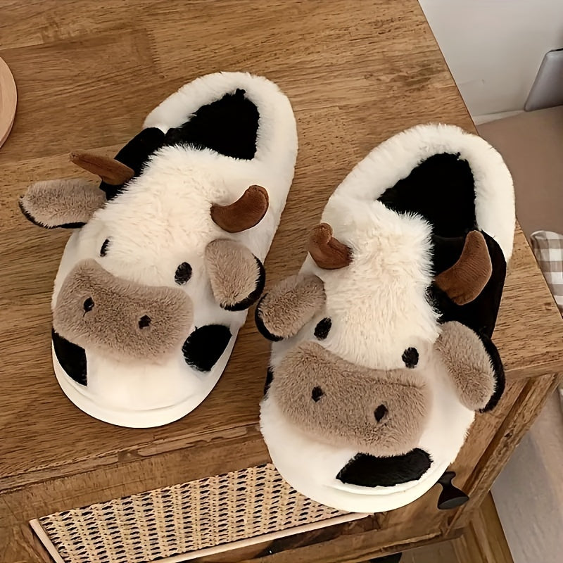 Unisex Plush Cow Pattern Slippers Comfortable Indoor Outdoor Warm