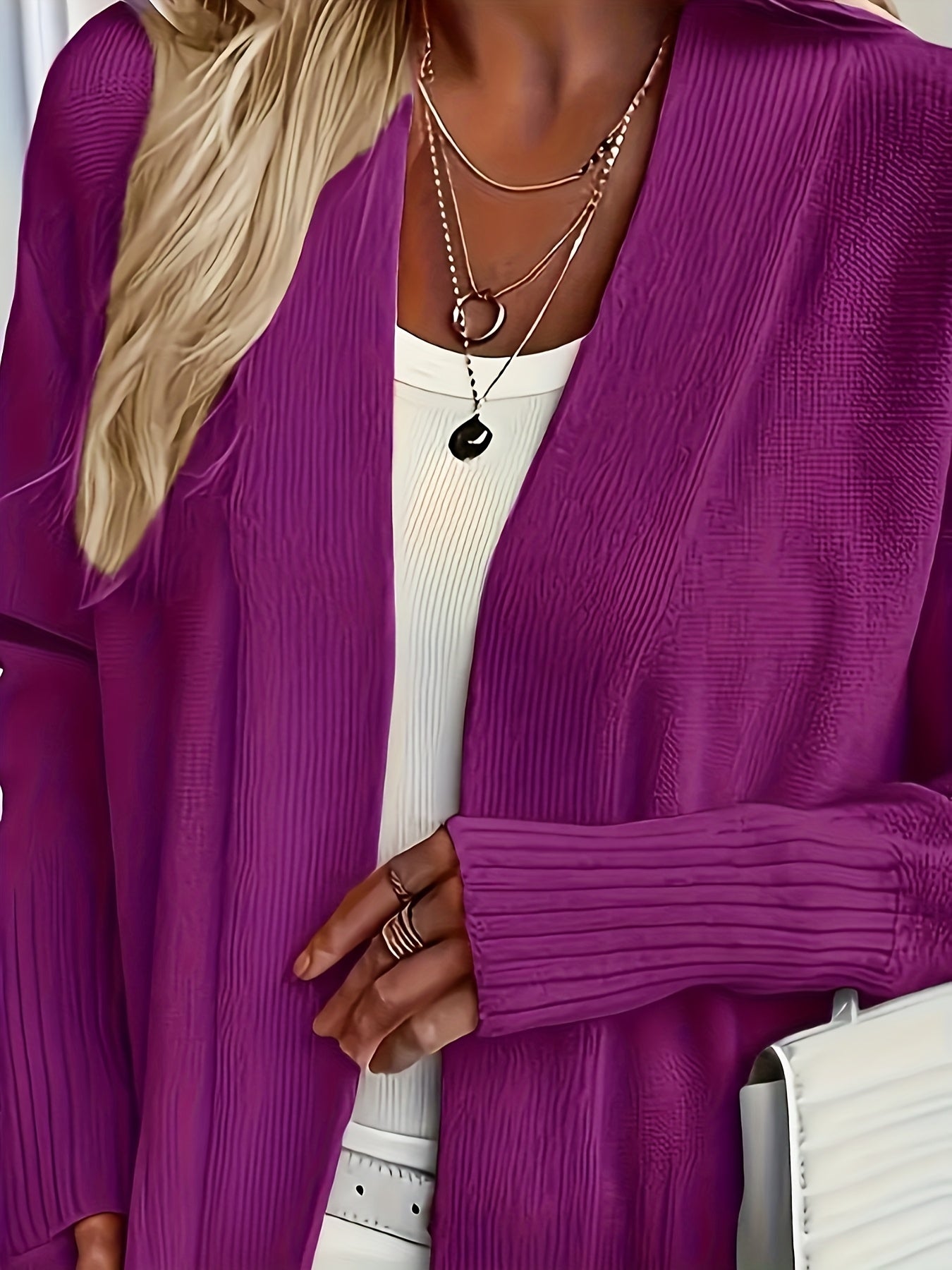 Women's Purple Knit Cardigan Open Front Sweater Long Sleeves