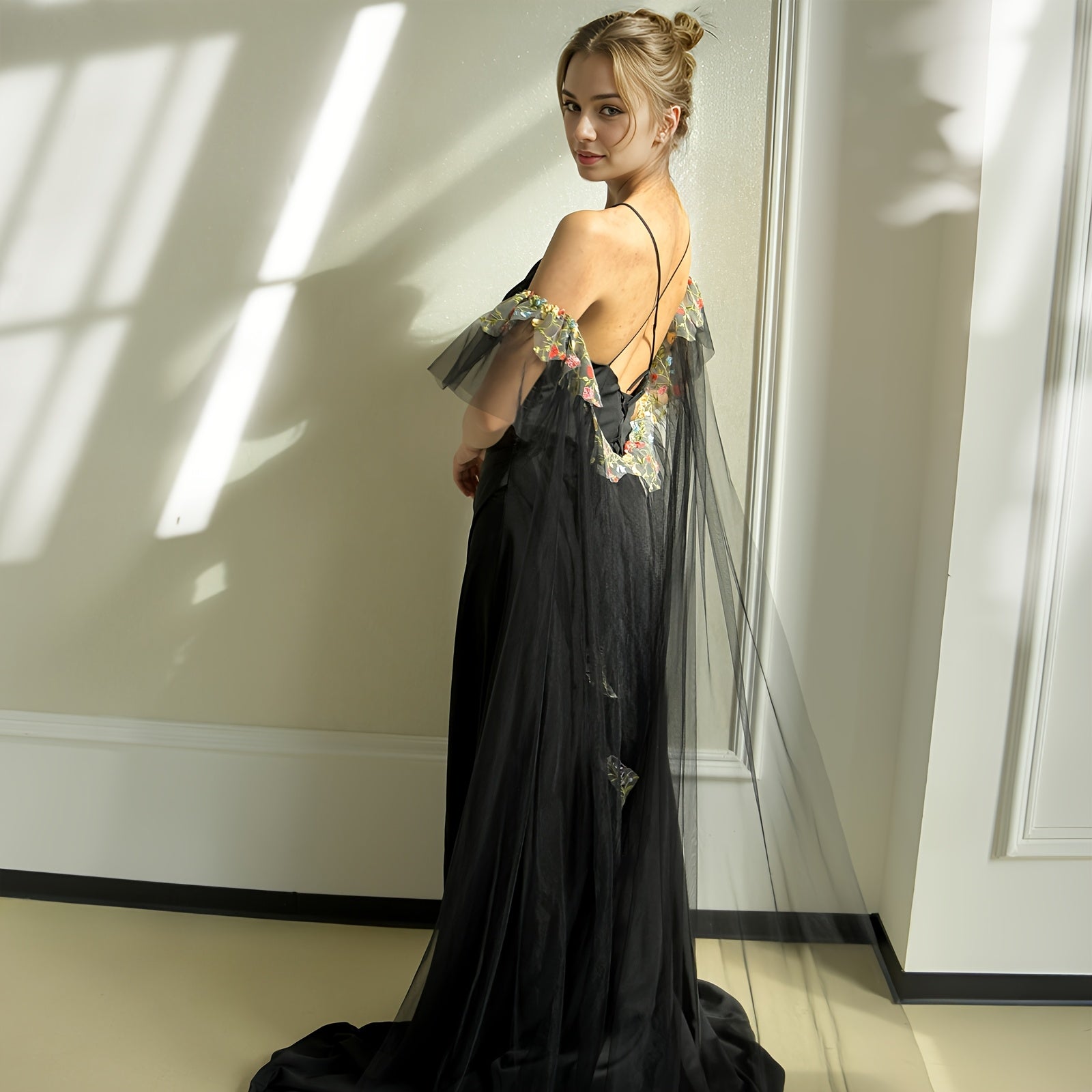 Black Bridal Shawl with Colorful Lace Trim and Sleeves for Wedding