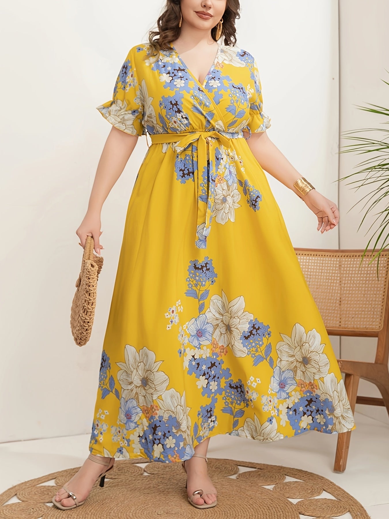 Women's Plus Size V-Neck Tunic Dress Polyester All-Season Striped Belt