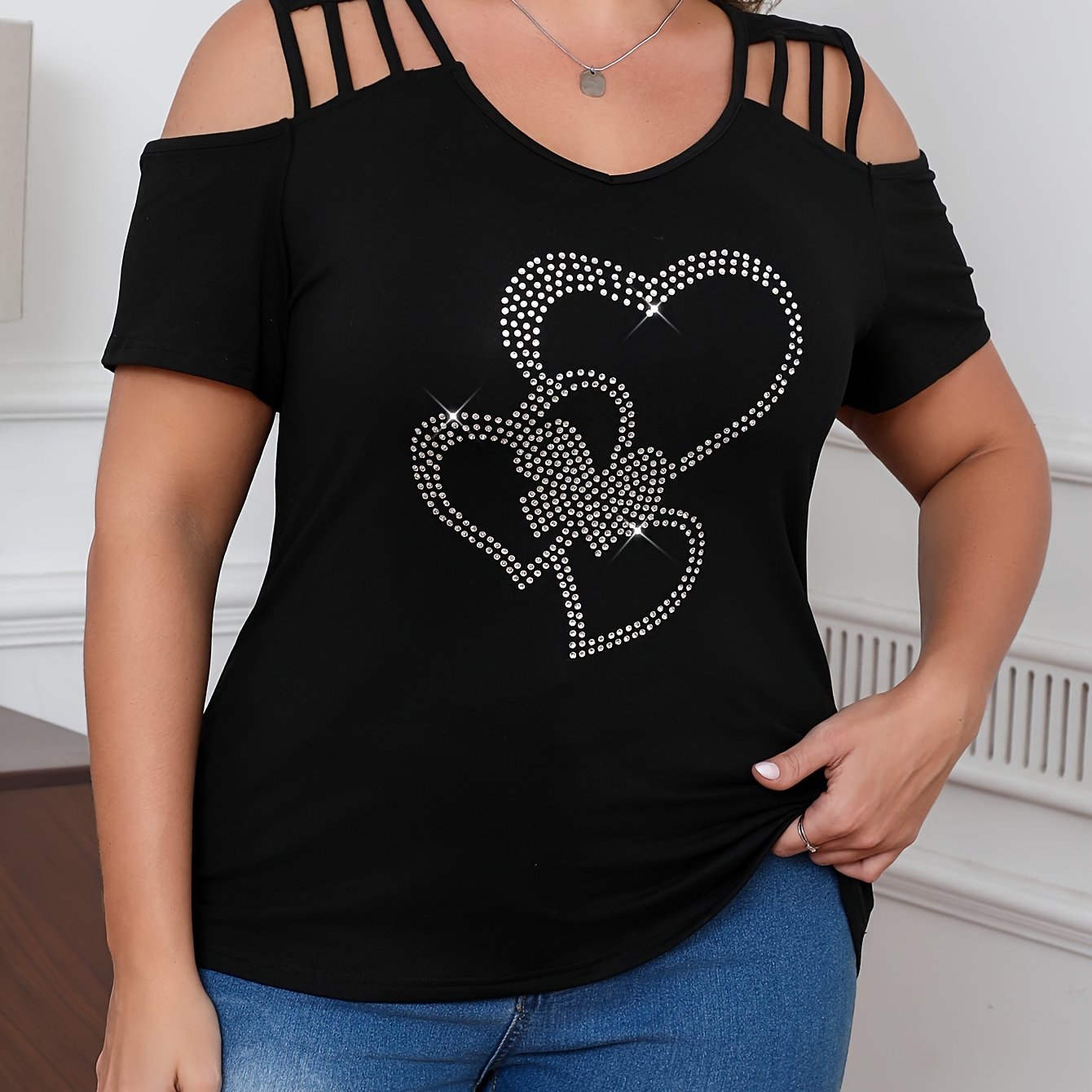 Plus Size Women's V-Neck Off-Shoulder T-Shirt Breathable Short Sleeve Blouse