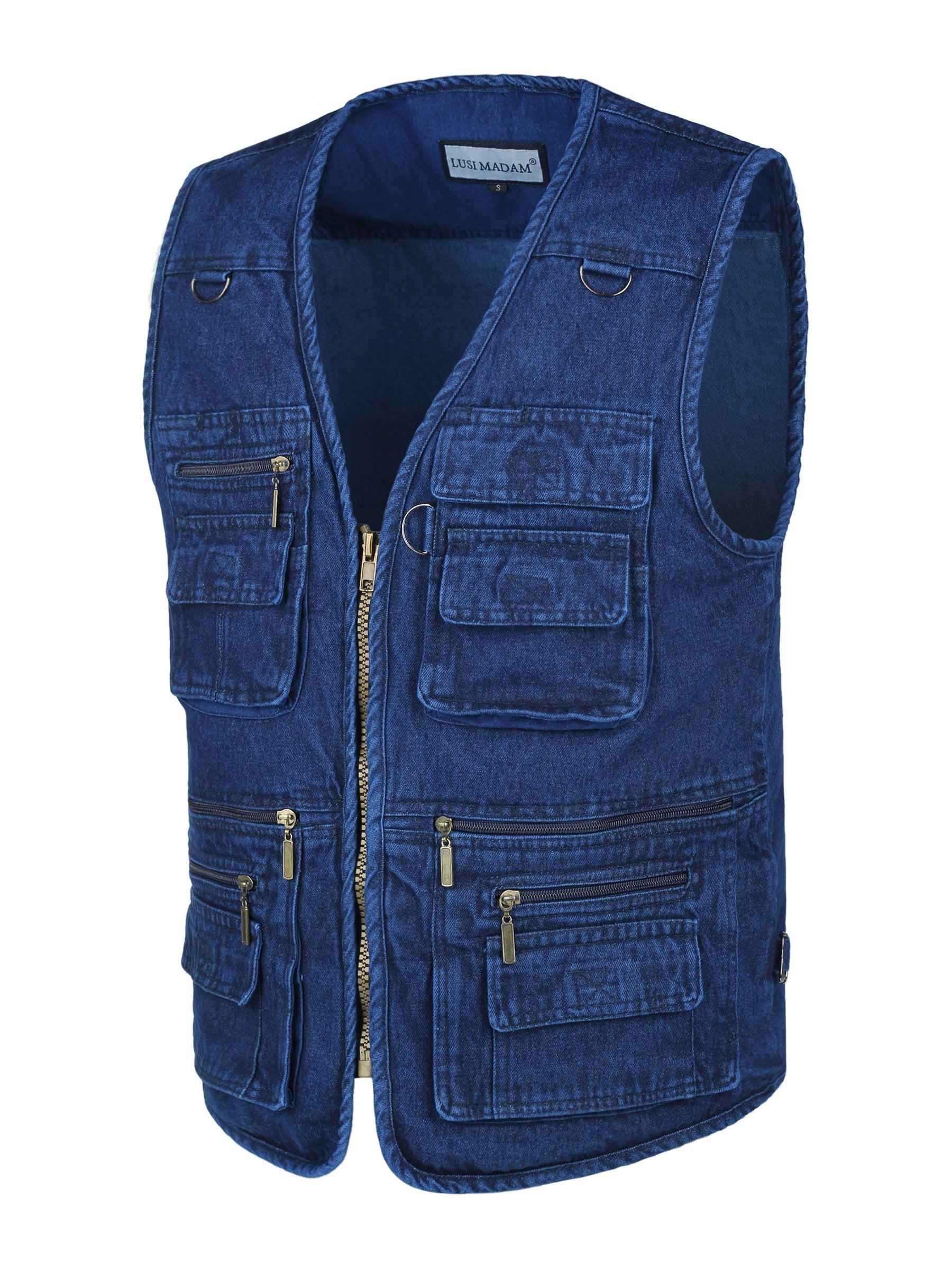 Plus Size Men's Denim Blue Zipper Vest with Multiple Pockets for Outdoor Activities