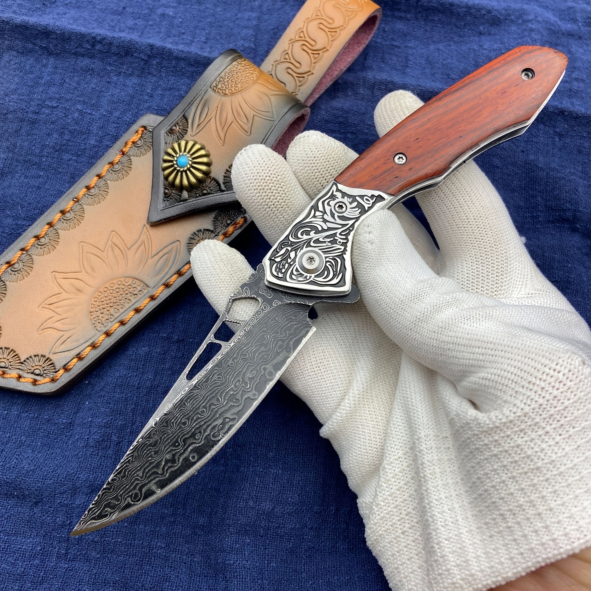 Leather Sheath for Damascus Folding Knife Sunflower Print with Carry Rope