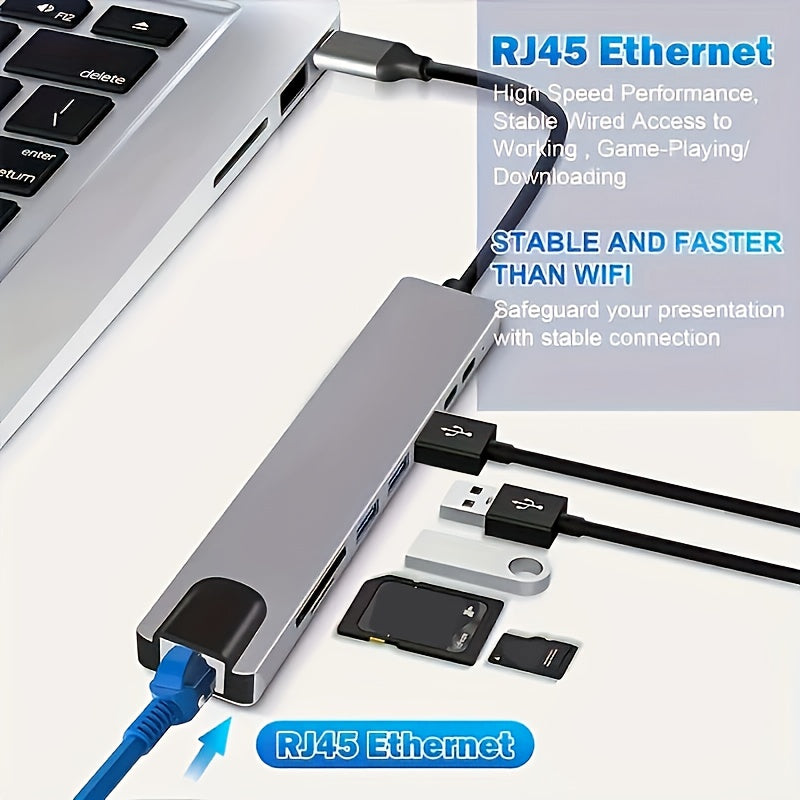 8-in-1 USB-C Hub for MacBook and Windows Laptops with 4K HDMI Ethernet SD TF Card Reader