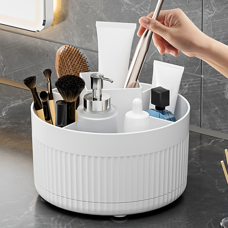White Plastic Rotating Makeup Organizer with Textured Design for Brushes and Skincare