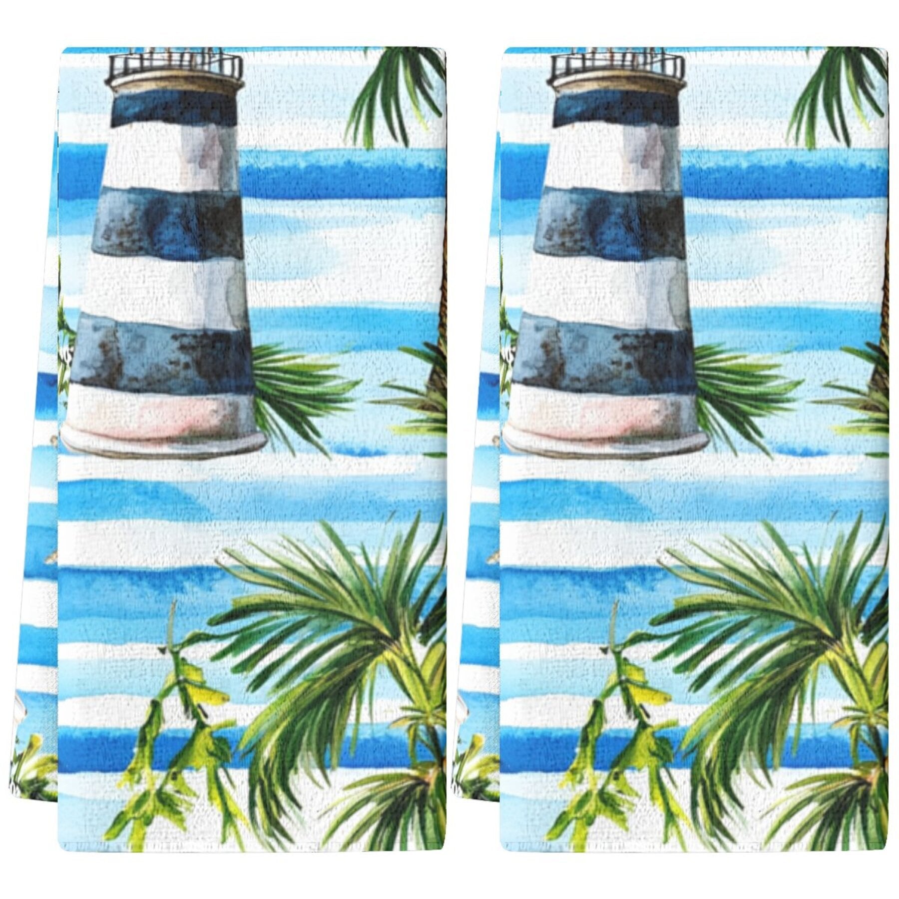 Set of 2 Tropical Lighthouse and Palm Tree Kitchen Towels Absorbent Polyester