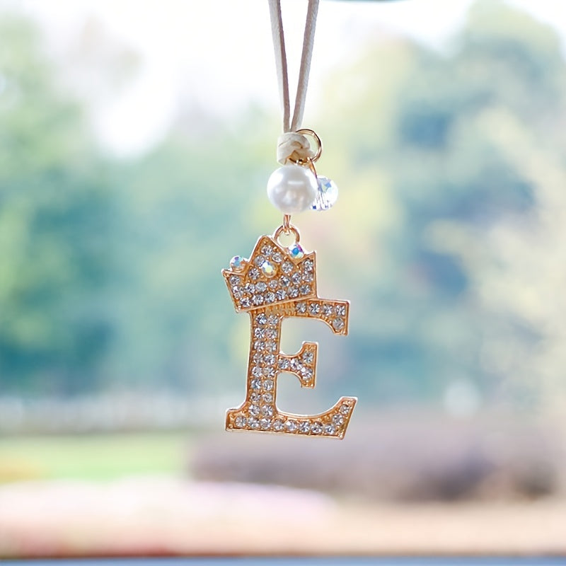 Alphabet Car Mirror Charm Set with Sparkling Crown Pendants for Vehicle Decoration