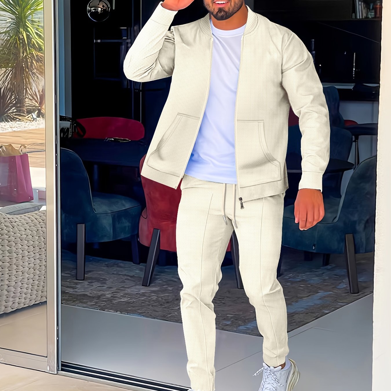 Men's Grey Waffle Knit Baseball Collar Sports Set Zip-Up Pants with Drawstring Waist