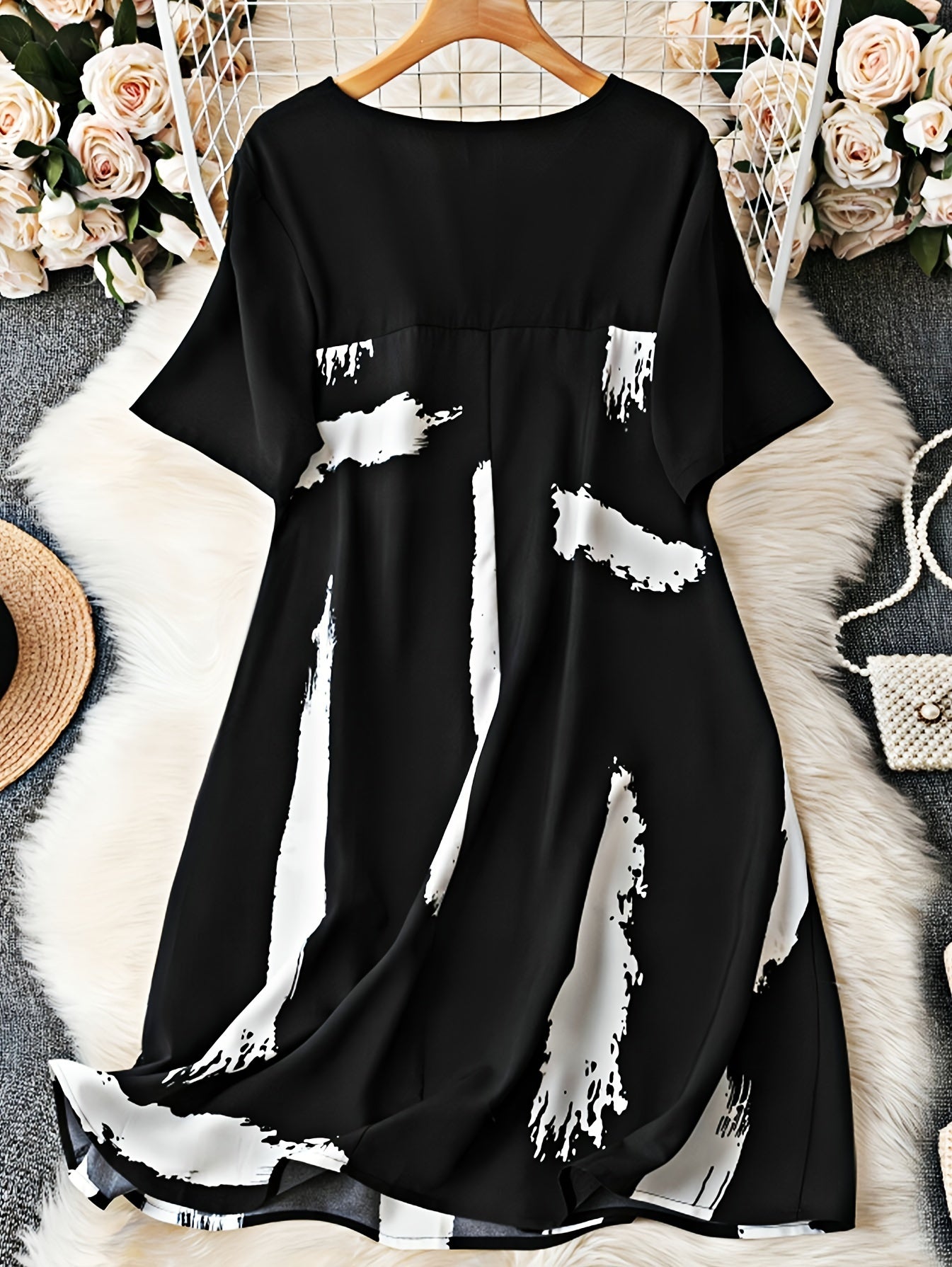 Платье с принтом кисти большого размера, короткий рукав, круглый вырез, повседневное лето для женщин