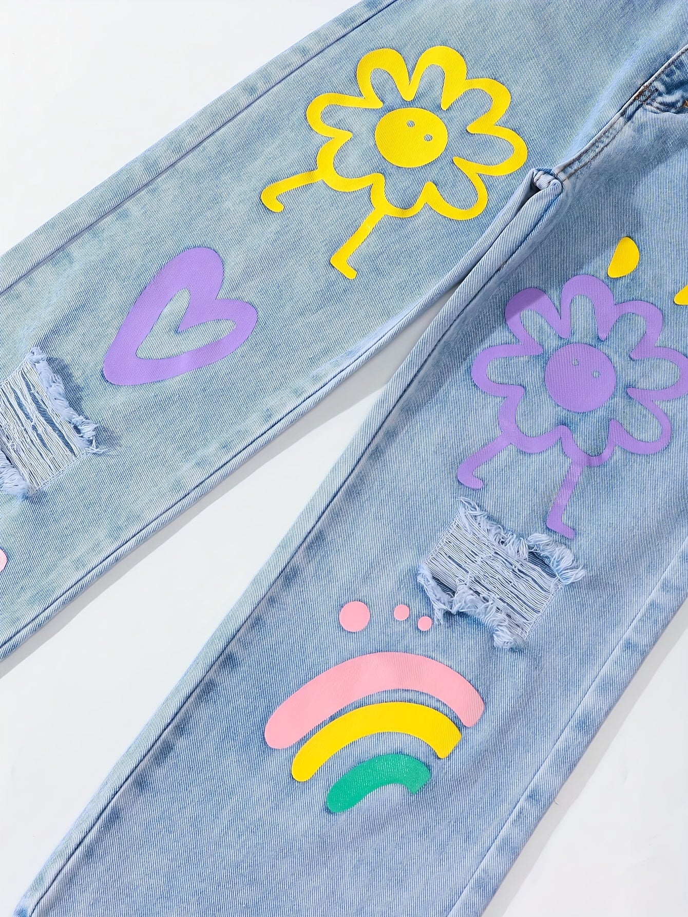 Girls' Y2K Straight Leg Jeans with Heart and Flower Designs Elastic Waist Non-Stretch Denim