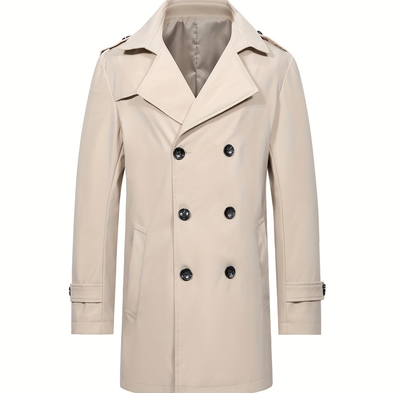 Erkaklar uchun o'rtacha uzunlikdagi ikki qatorli dizayndagi trench palto, mustahkam rangda, biznes va norasmiy kiyimlar uchun ideal.