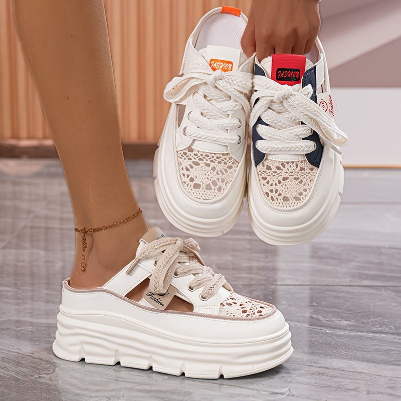 Women's Breathable Mesh Platform Shoes White Gray Casual Summer Rubber Sole