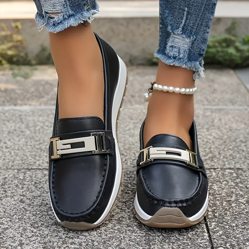 Women's Lightweight Slip-On Flats with Metallic Buckle Casual Shoes for Autumn