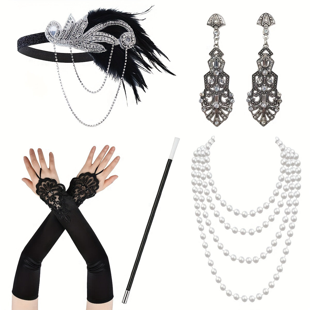 Set de accesorios de disfraces con temática Gatsby para mujeres con diadema de plumas, guantes, collar de perlas y sujetapapeles para cigarrillos