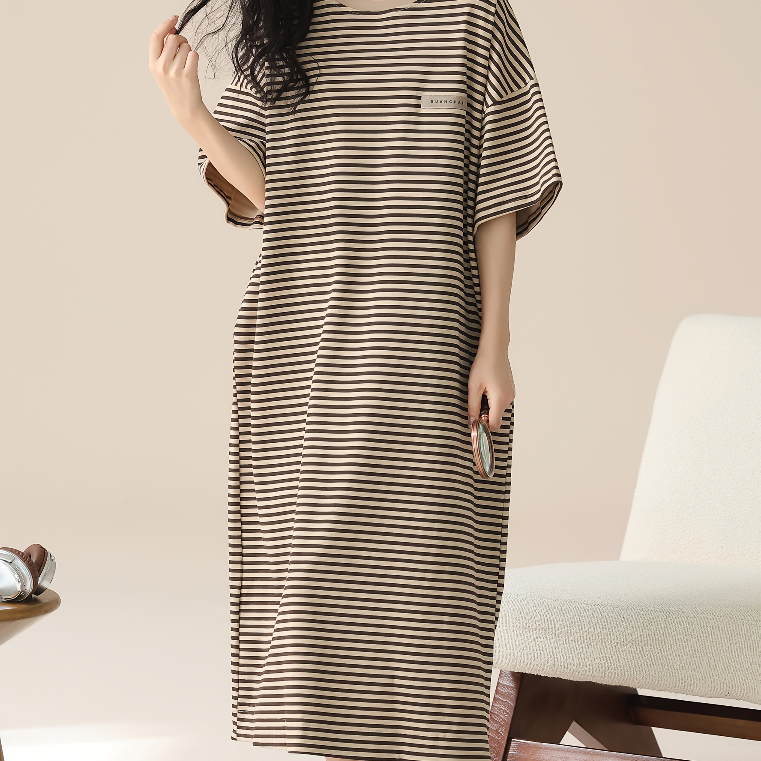 Plus Size Women's Sleep Dress Polyester Striped Long Lounge Wear