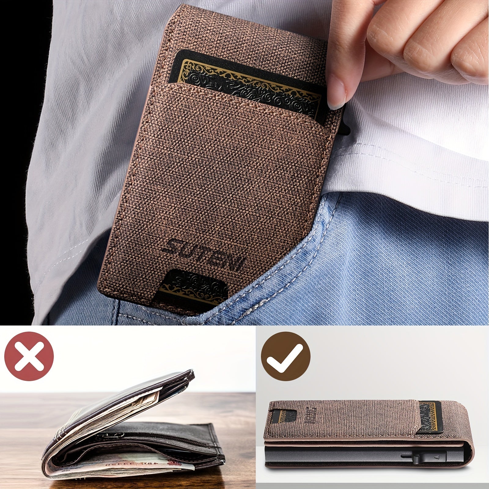 Men Women Bifold Wallet Leather Card Holder with Photo Slot in Black Brown Blue