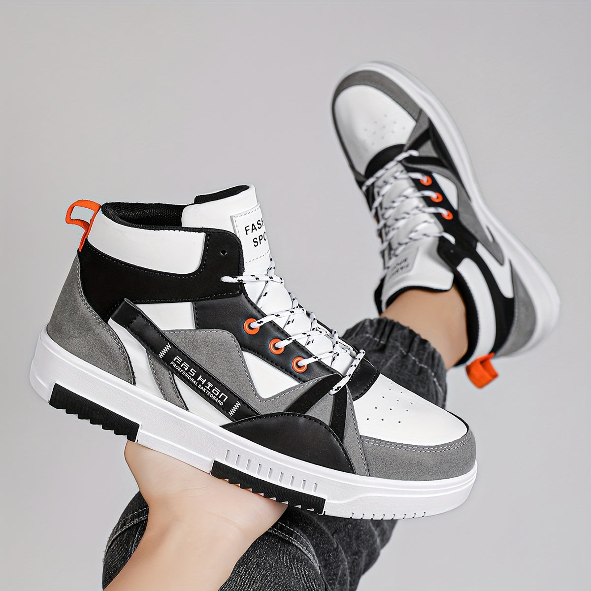Men's High-Top Skate Sneakers Black White Gray Orange Casual Outdoor Sporty