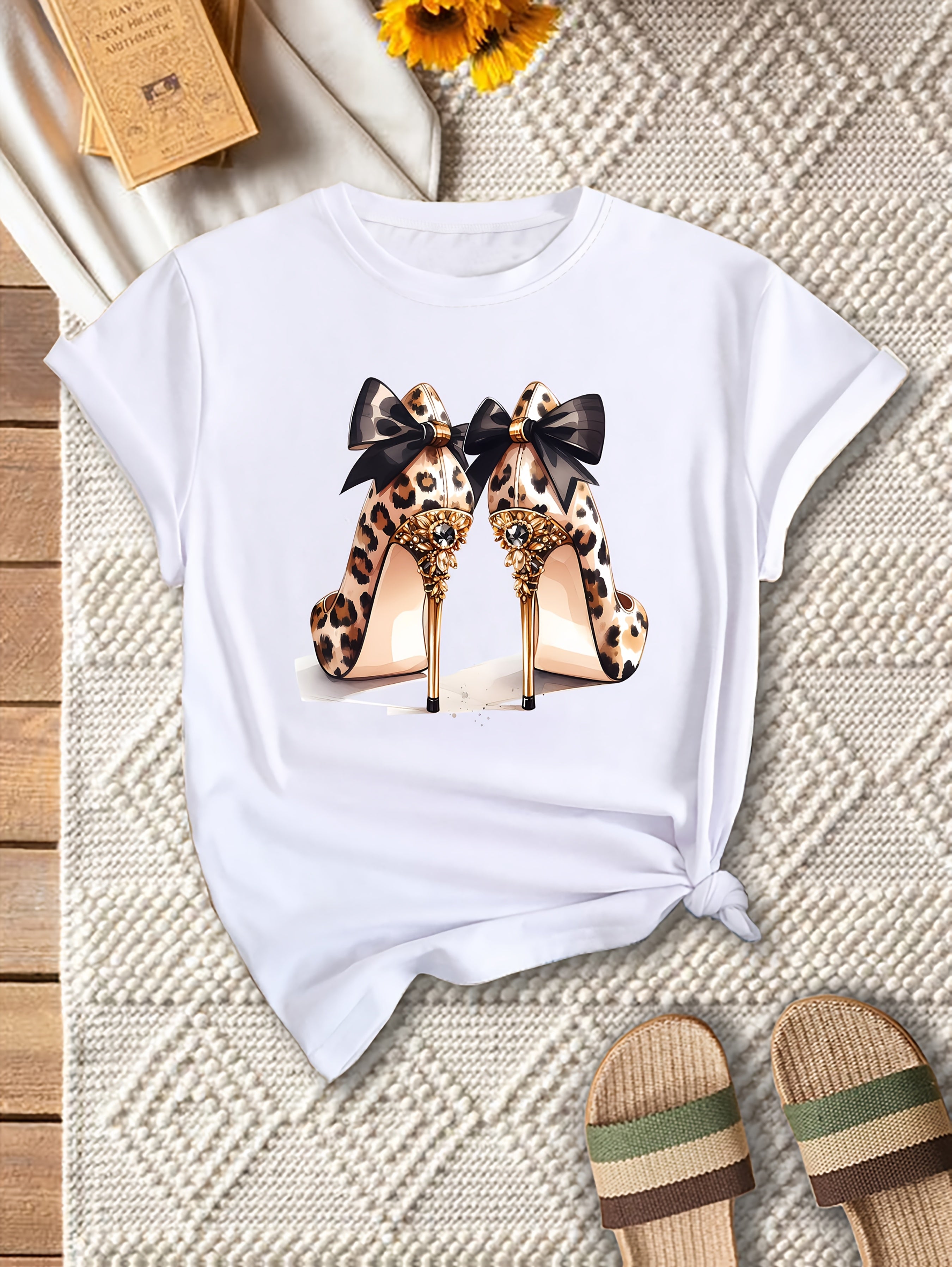 Plus Size Women's Leopard Print Short Sleeve T-Shirt White Casual Summer Wear