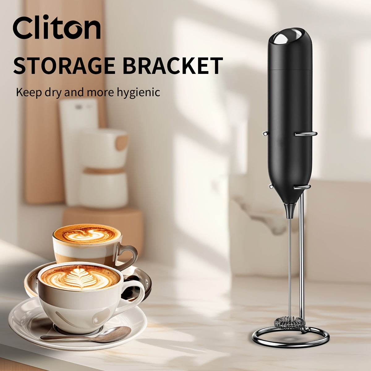 Electric Milk Frother Handheld Stainless Steel Stand Battery Powered For Coffee Latte