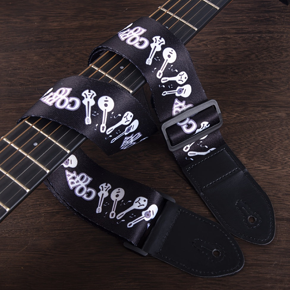 Correa de guitarra de cuero sintético ajustable con patrón vibrante en rosa, amarillo y negro para guitarra acústica, eléctrica y bajo