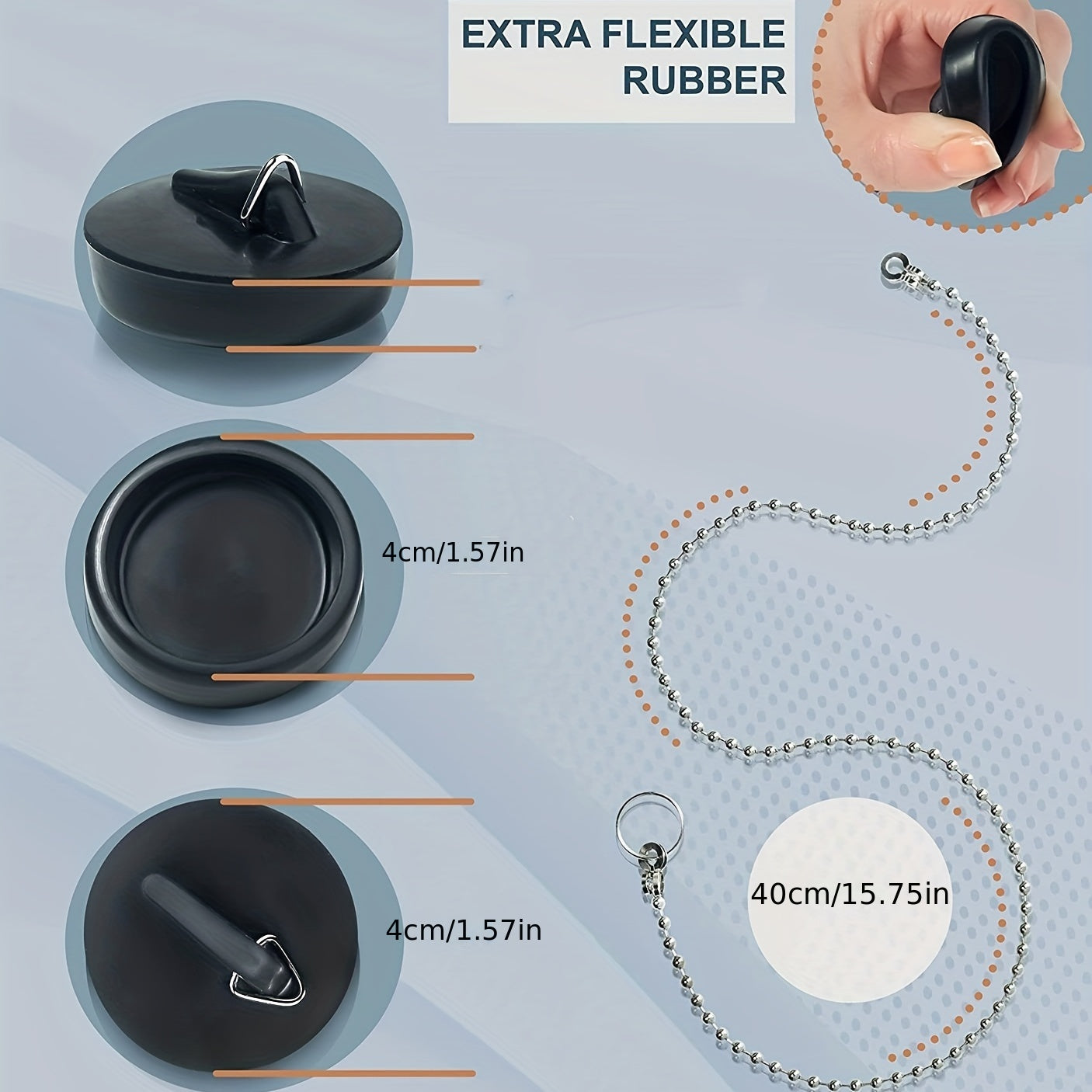 Zanjirli kauchuk hammom plagi, 4 sm diametr, o'rnatish va tozalash oson.