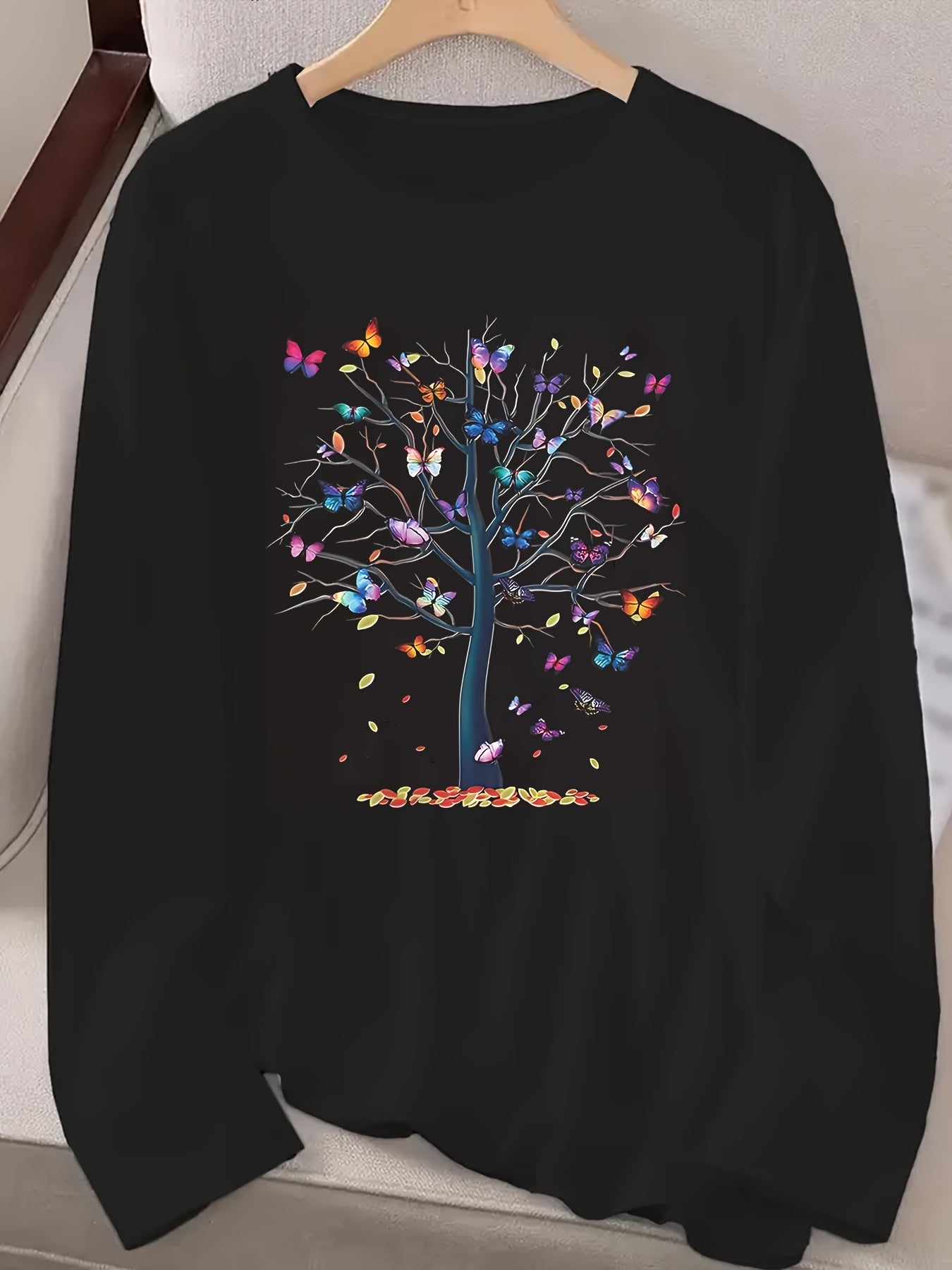 Туника для женщин больших размеров с длинным рукавом, вязаная, с принтом бабочка и деревья, повседневный стиль