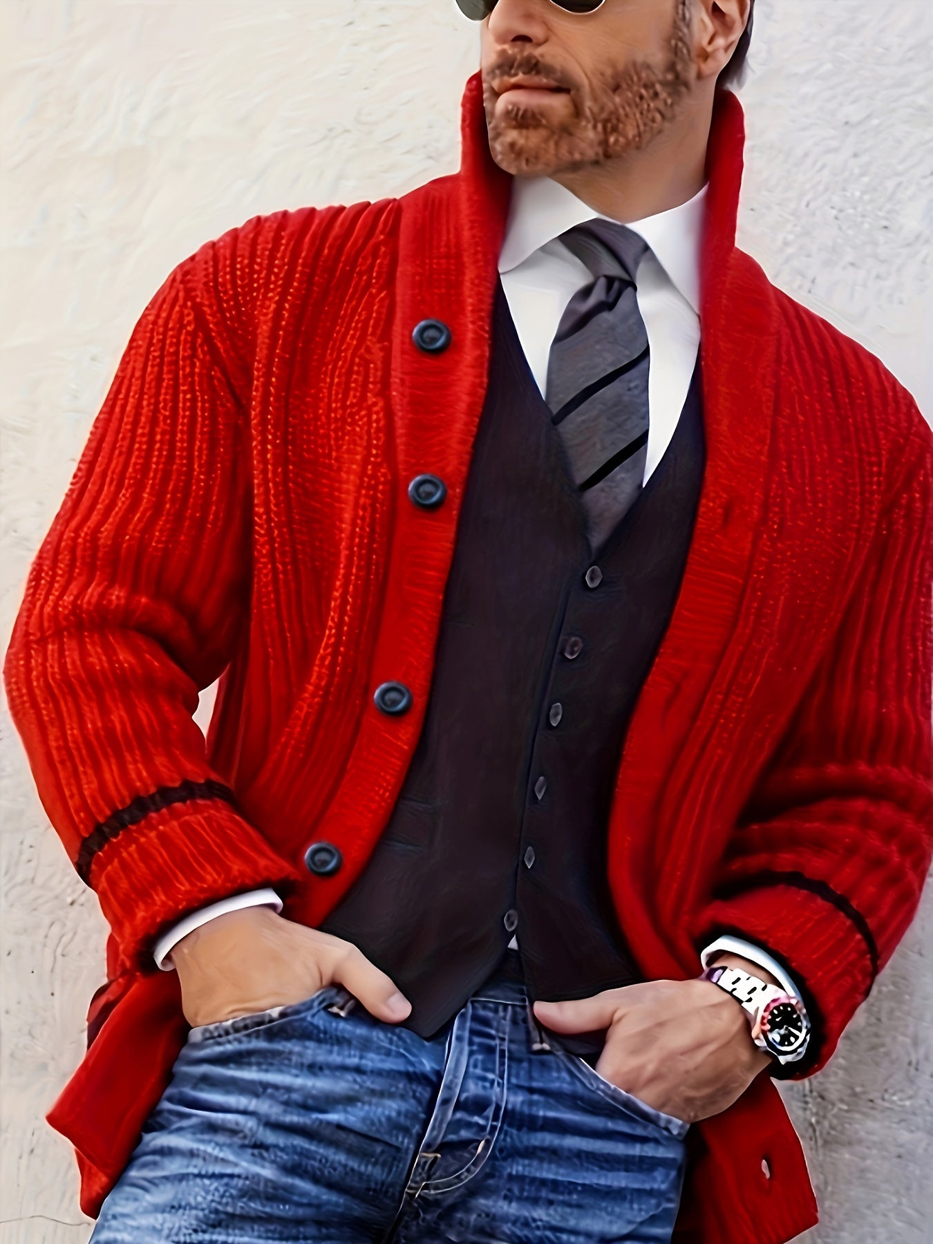 Erkaklar uchun plussiz o'lchamdagi trikotaj kardigan sviter, dumaloq bo'yin, cho'ziluvchan mato, bir rangli, cho'ntak detali va kuz/qish mavsumi uchun oddiy moslik.