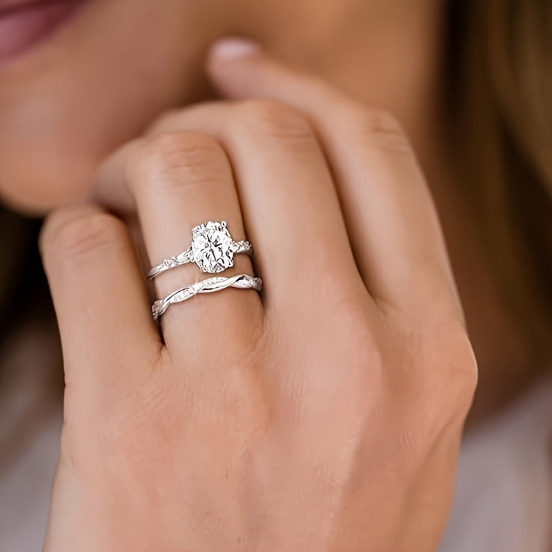 Sterling Silver S925 Bridal Set for Her Engagement Wedding Ring Stackable Zirconia