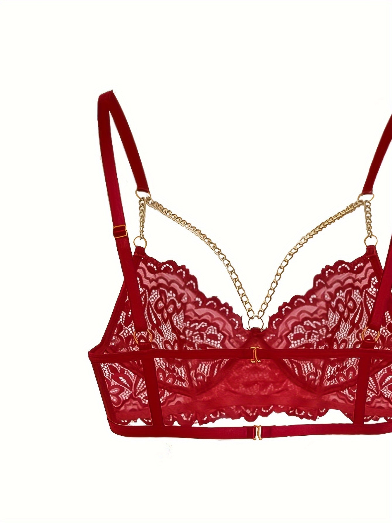 Sexy Lingerie Set with Flower Lace, Gold Chain Accents, See-Through Bra and Garter Belt