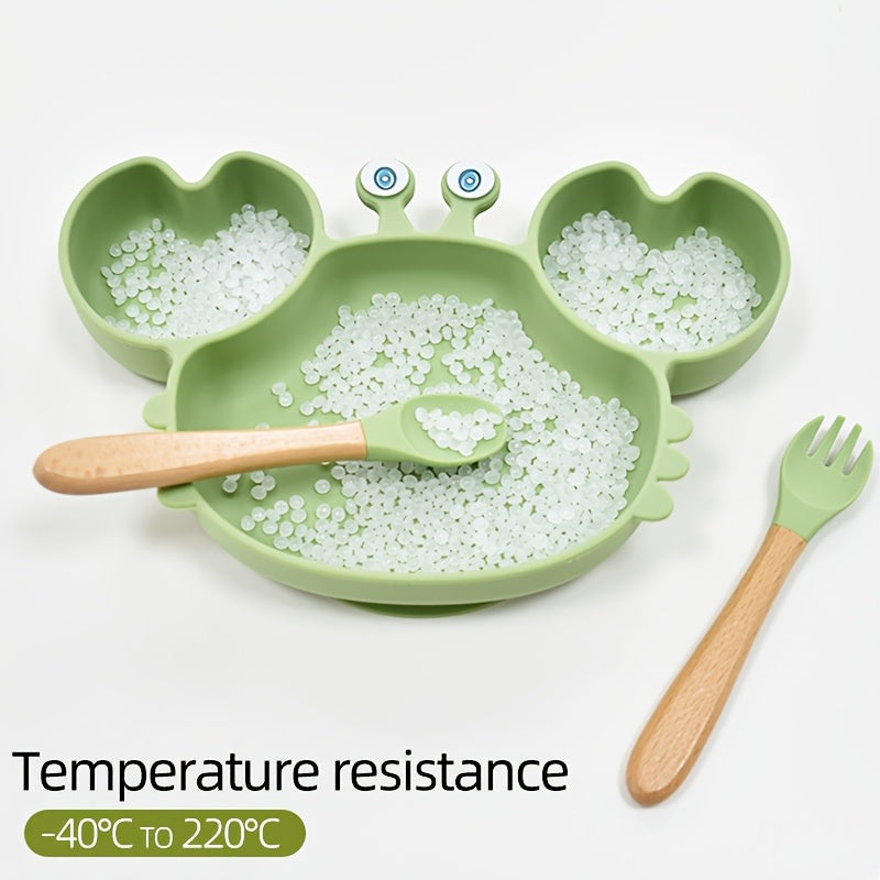 Silicone Toddler Tableware Set Non-Slip Crab Design Dinner Plate Spoons for Ages 0-3