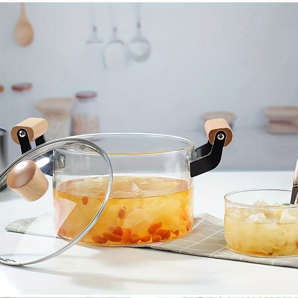 Yopqog'i va yog'och tutqichlari bilan shisha sho'rva qozoni, makaron, sho'rva va sharbat pishirish uchun