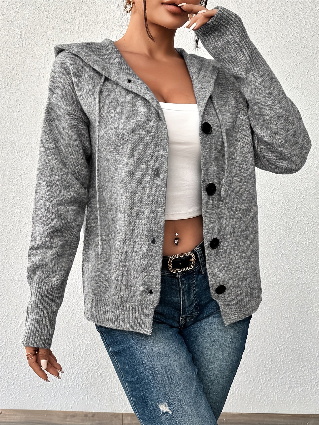 Женский кардиган с капюшоном, однородного цвета, на пуговицах, для полных женщин