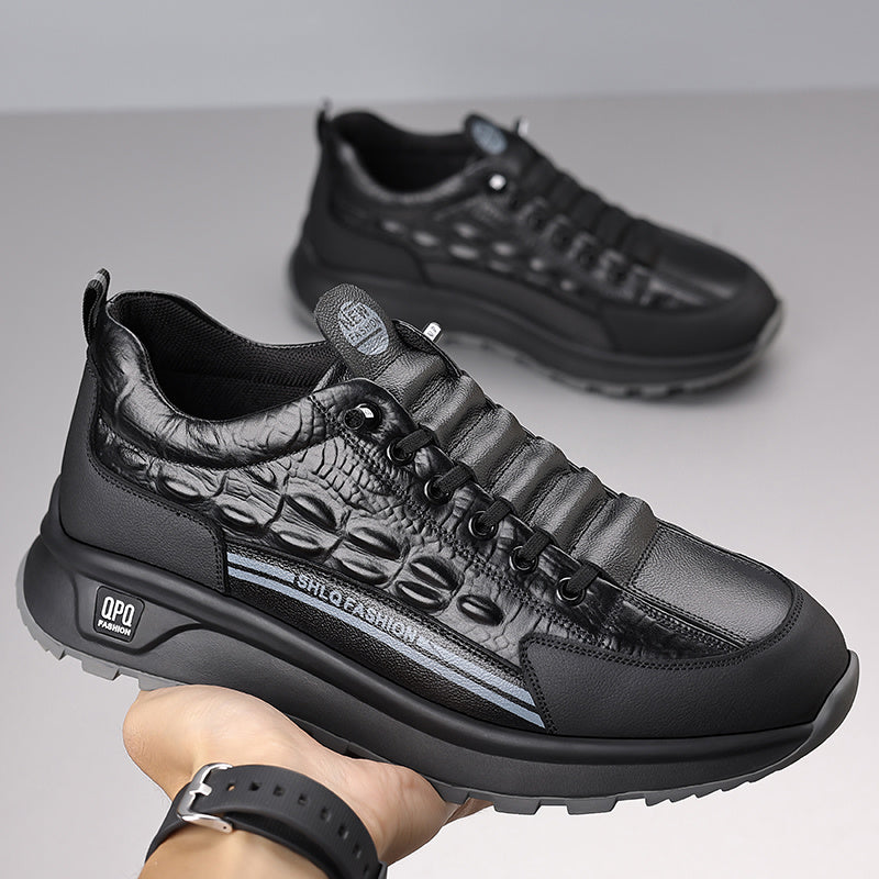 Men's Leather Casual Sneakers Black Gray Crocodile Pattern Rubber Sole Lace-Up Low Top