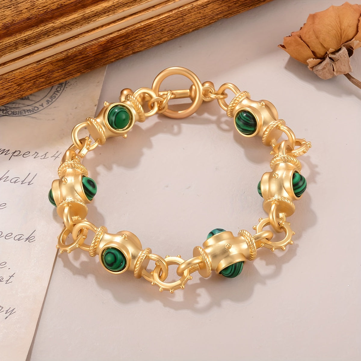 Gold-Plated Alloy Bracelet for Women with Turquoise Accents and Geometric Links