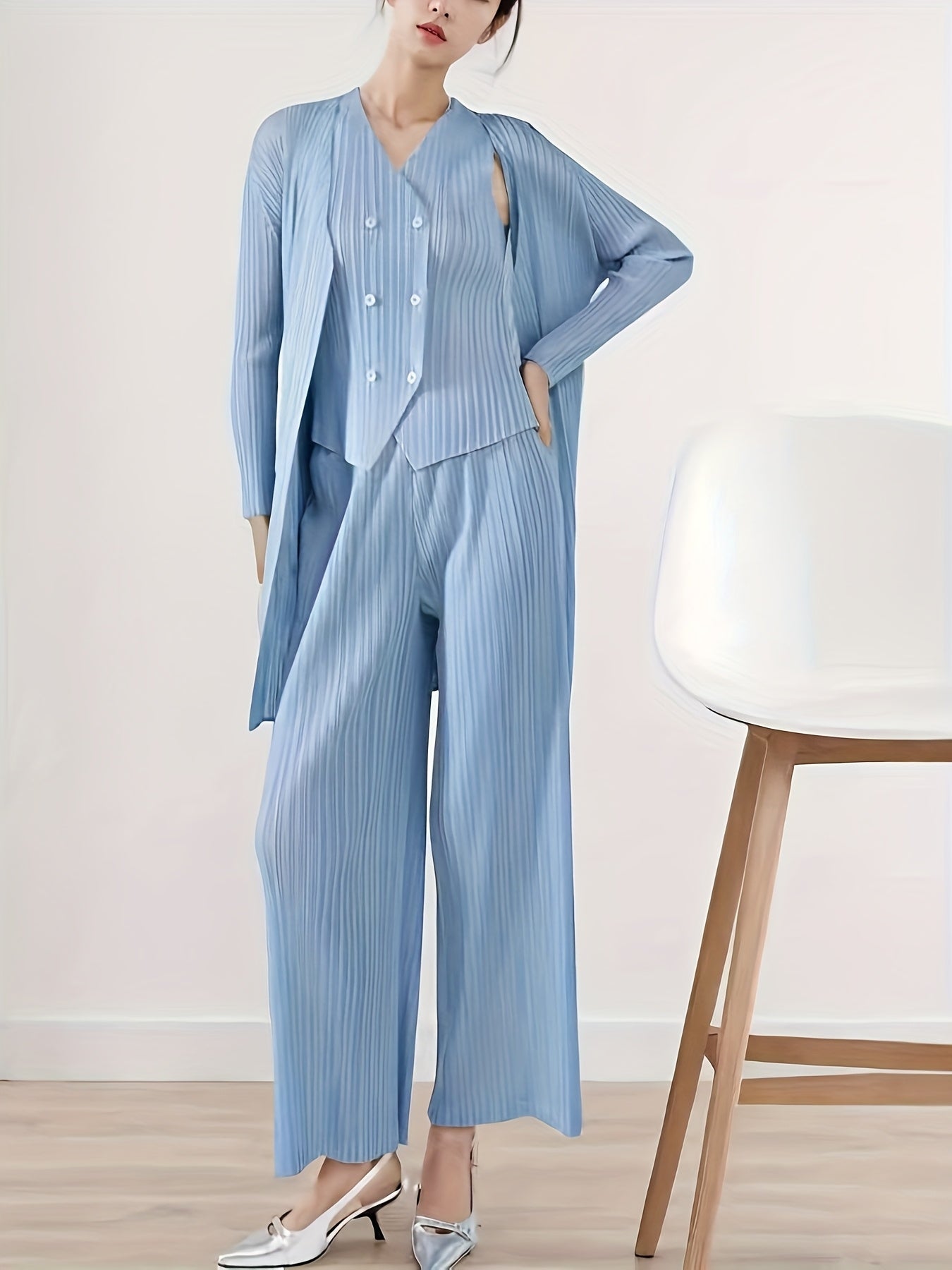Plus Size Women's Summer Chiffon Three-Piece Suit with Pleated Pants