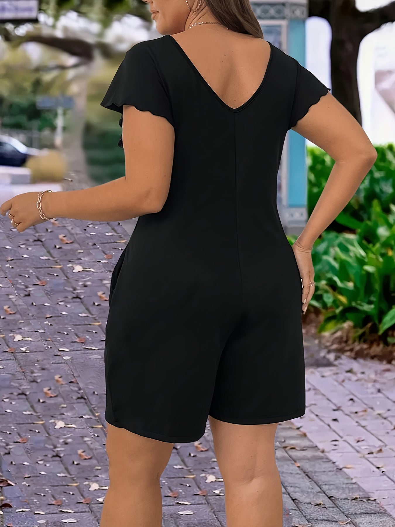 Plus Size Black Summer Jumpsuit Breathable Fabric Flared Legs Pockets