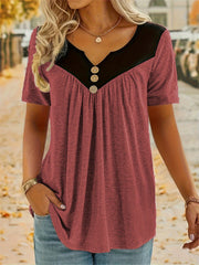 Plus Size Ruched Button Decor Notch Neck Short Sleeve T-Shirt for Women