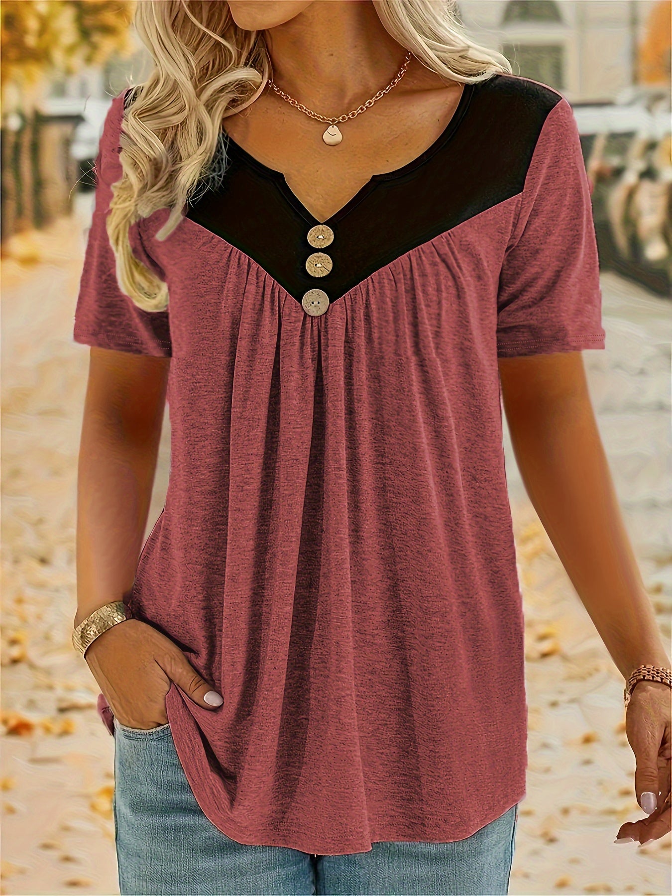 Plus Size Ruched Button Decor Notch Neck Short Sleeve T-Shirt for Women