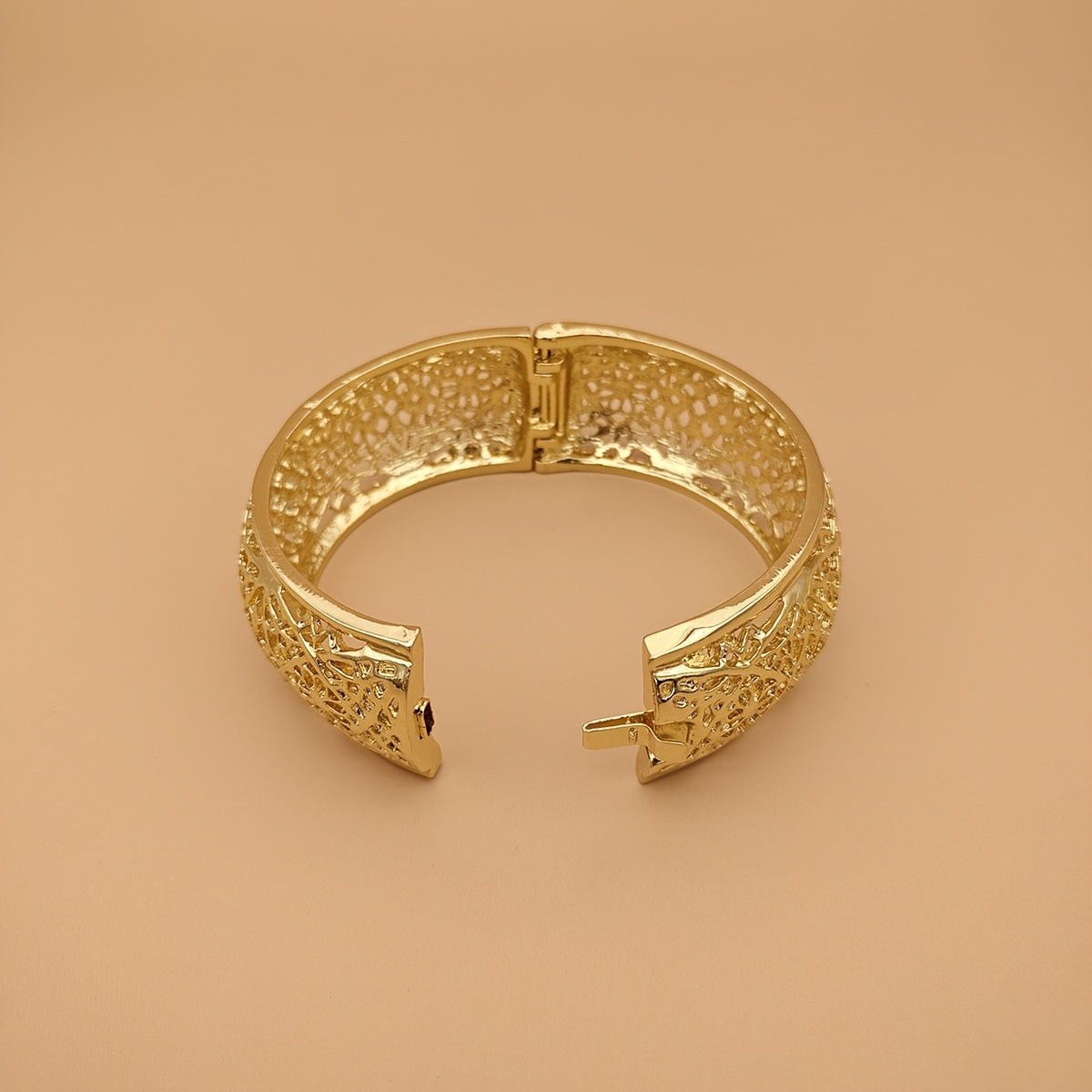 Women’s Adjustable Vintage Gold Metal Wide Bracelet with Cut-Out Details