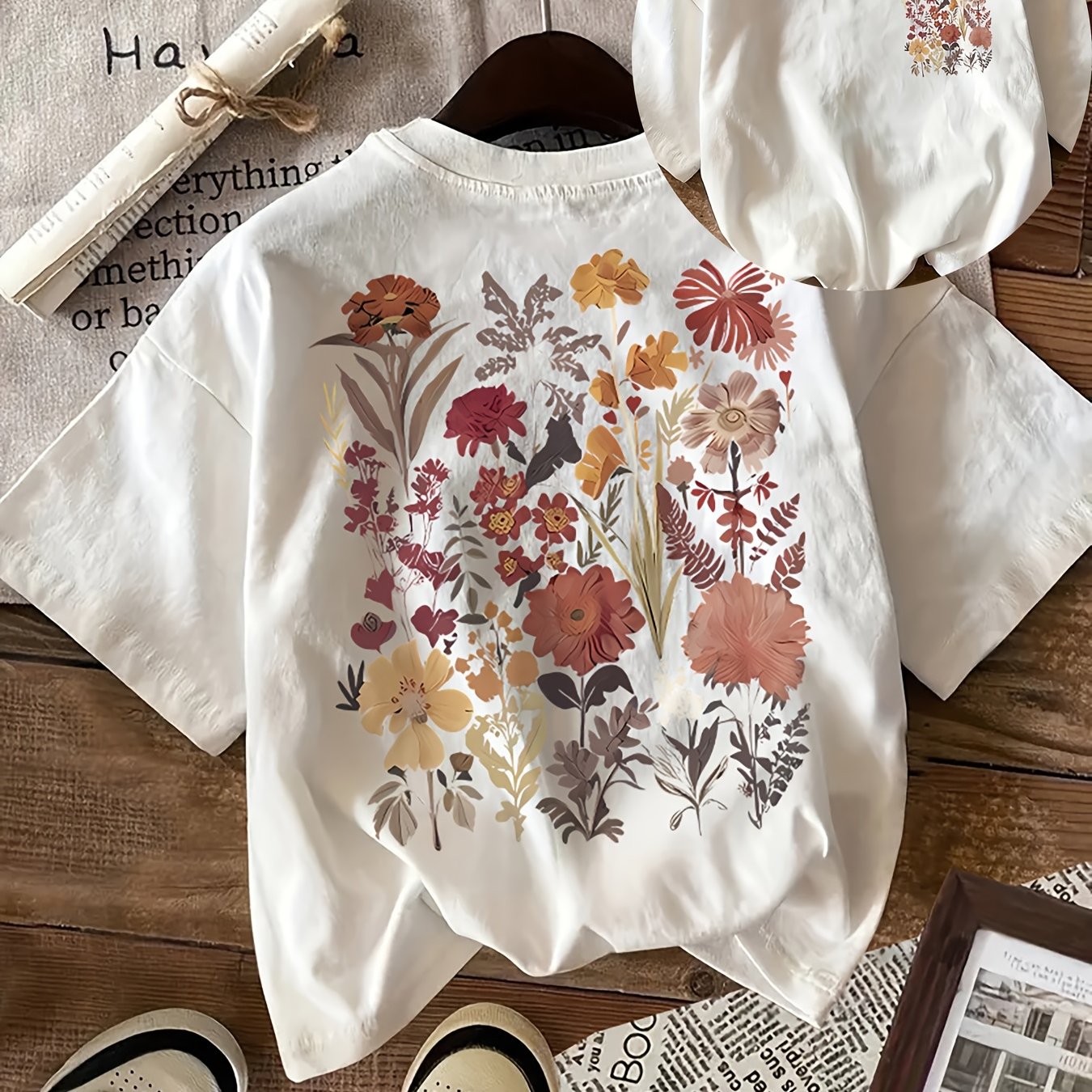 Women's Cotton Floral Graphic T-Shirt with Autumn Print Crew Neck Short Sleeve Casual