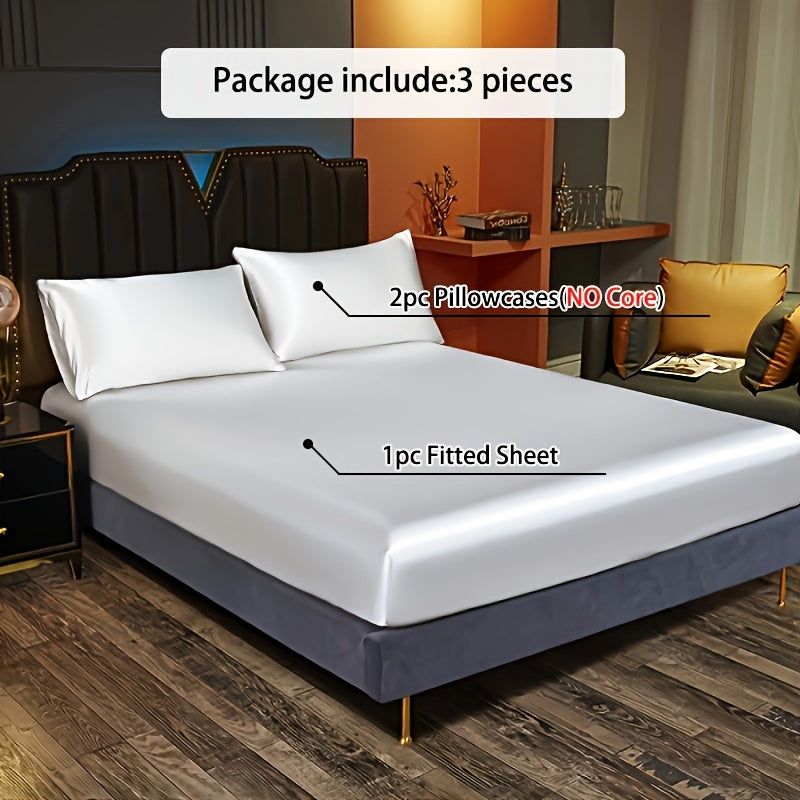 Satin Bedding Set 3 Pieces Fitted Sheet and Pillowcases Solid Color
